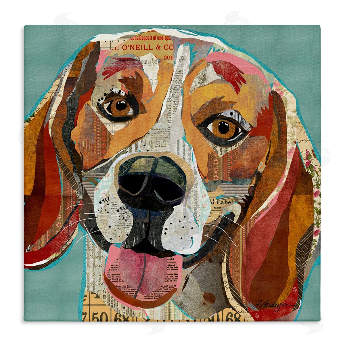 Traci Anderson Collaged Hound Dog Various Ephemera Stretched Canvas Wall Art Print