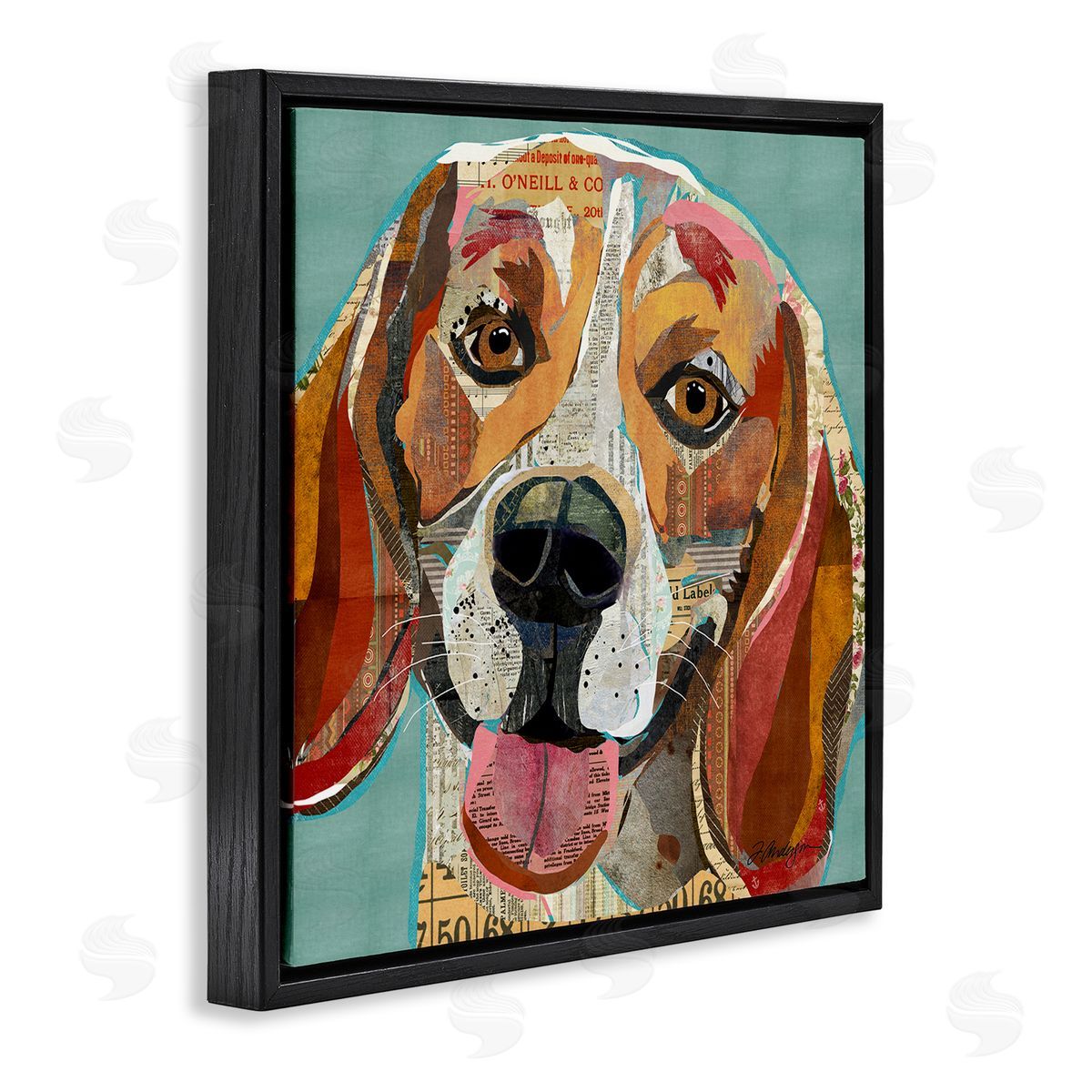 Traci Anderson Collaged Hound Dog Various Ephemera Black Floating Frame Canvas Wall Art Print