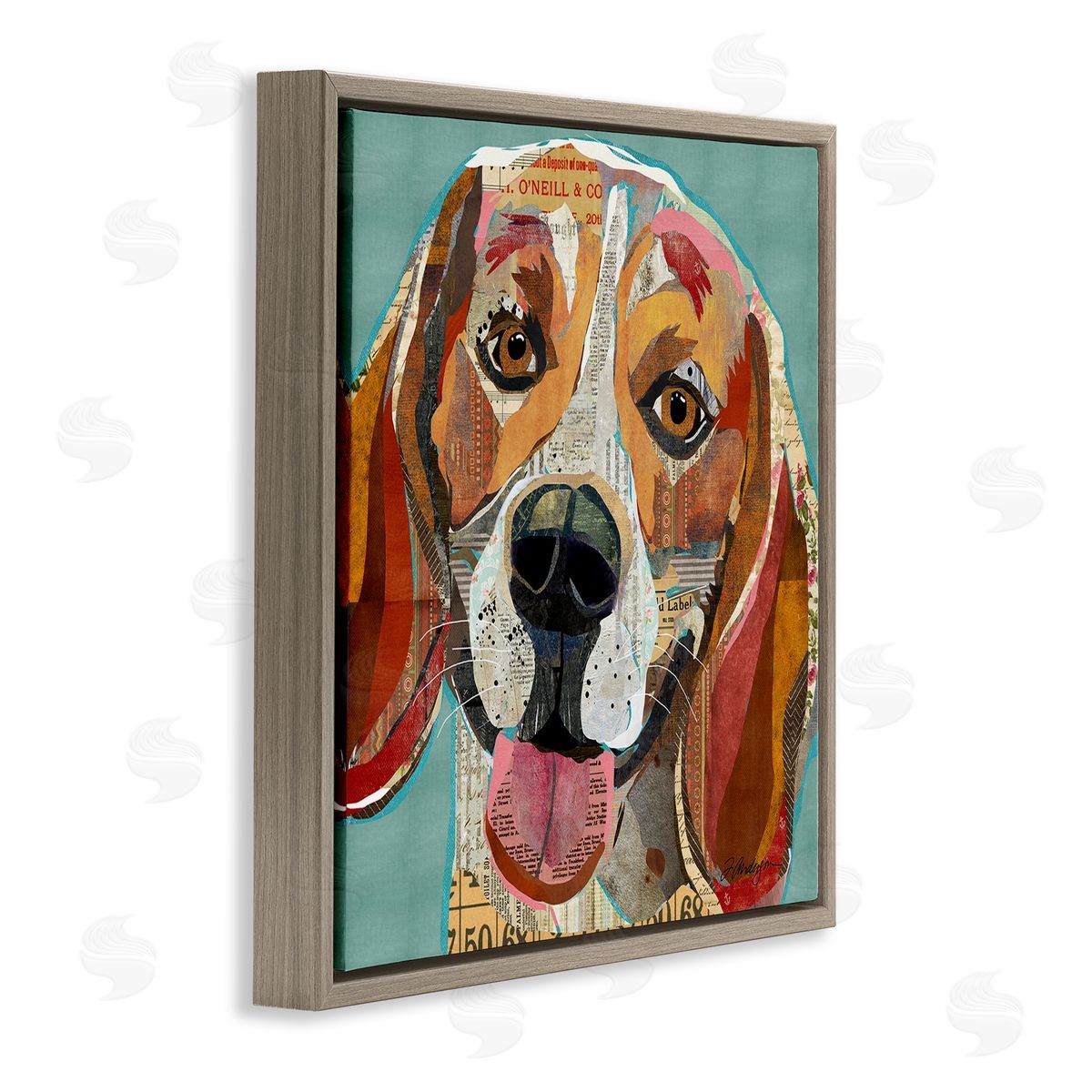 Traci Anderson Collaged Hound Dog Various Ephemera Brown Floating Frame Canvas Wall Art Print
