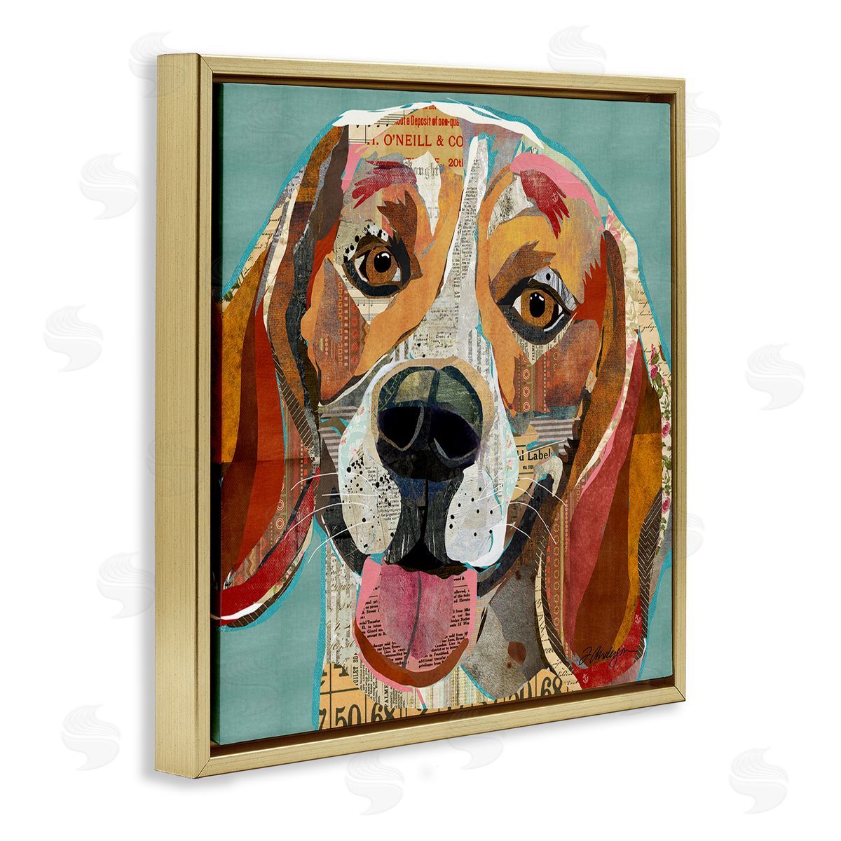 Traci Anderson Collaged Hound Dog Various Ephemera Gold Floating Frame Canvas Wall Art Print