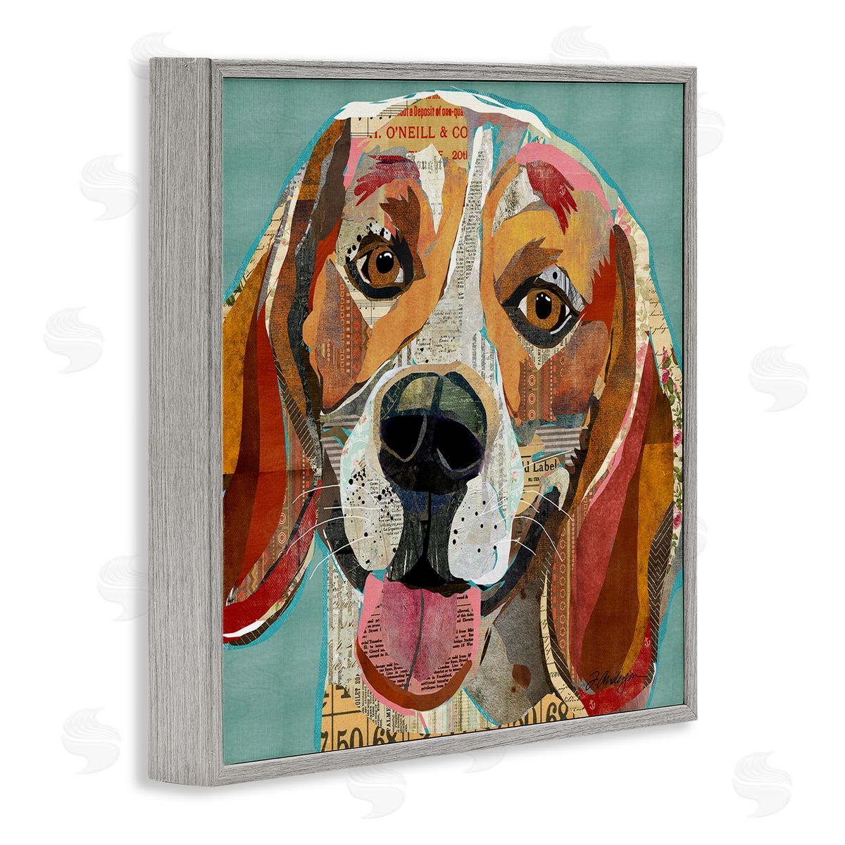 Traci Anderson Collaged Hound Dog Various Ephemera Gray Framed Glicee Wall Art Print