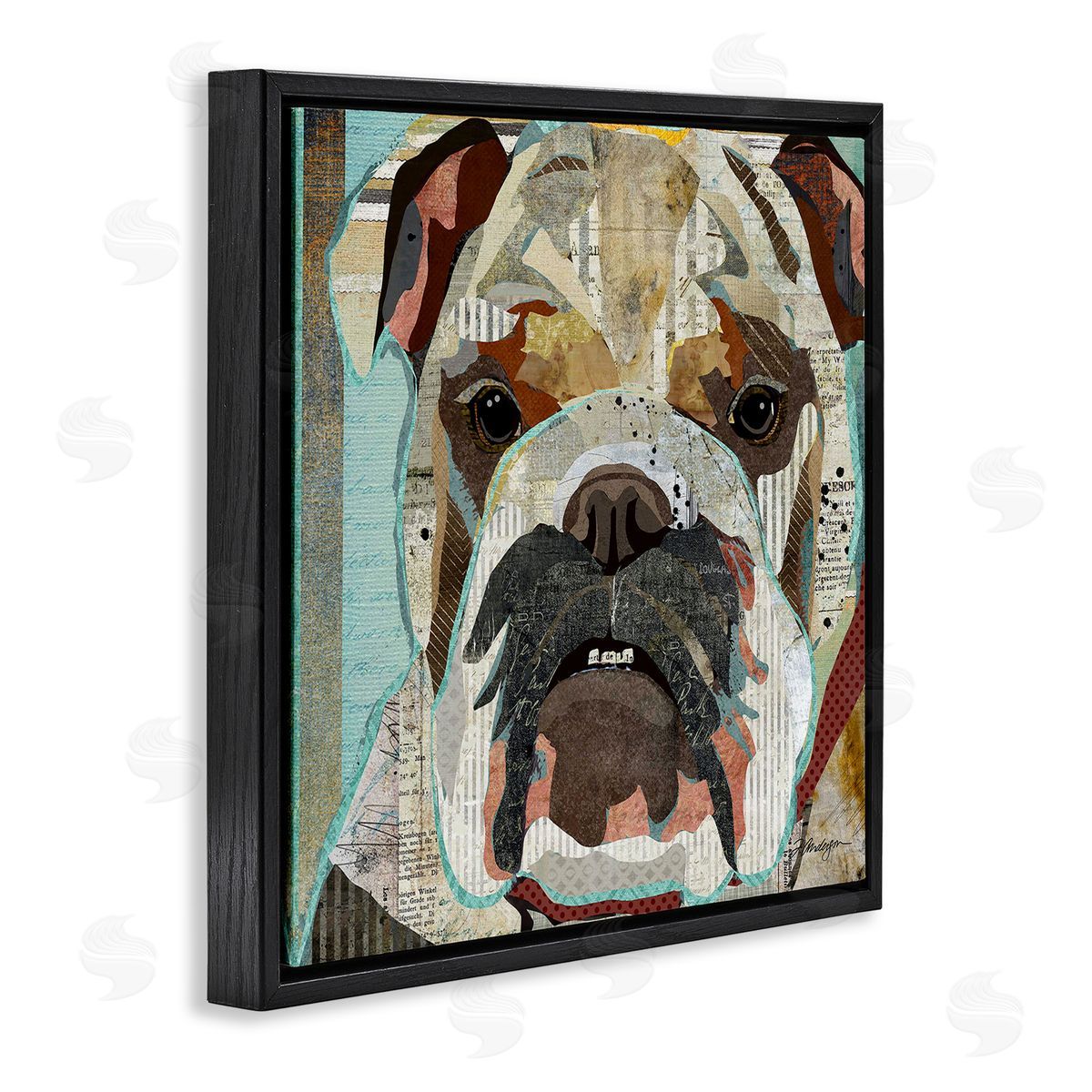 Traci Anderson Bulldog Pet Portrait Text Collage Black Floating Frame Canvas Wall Art Print