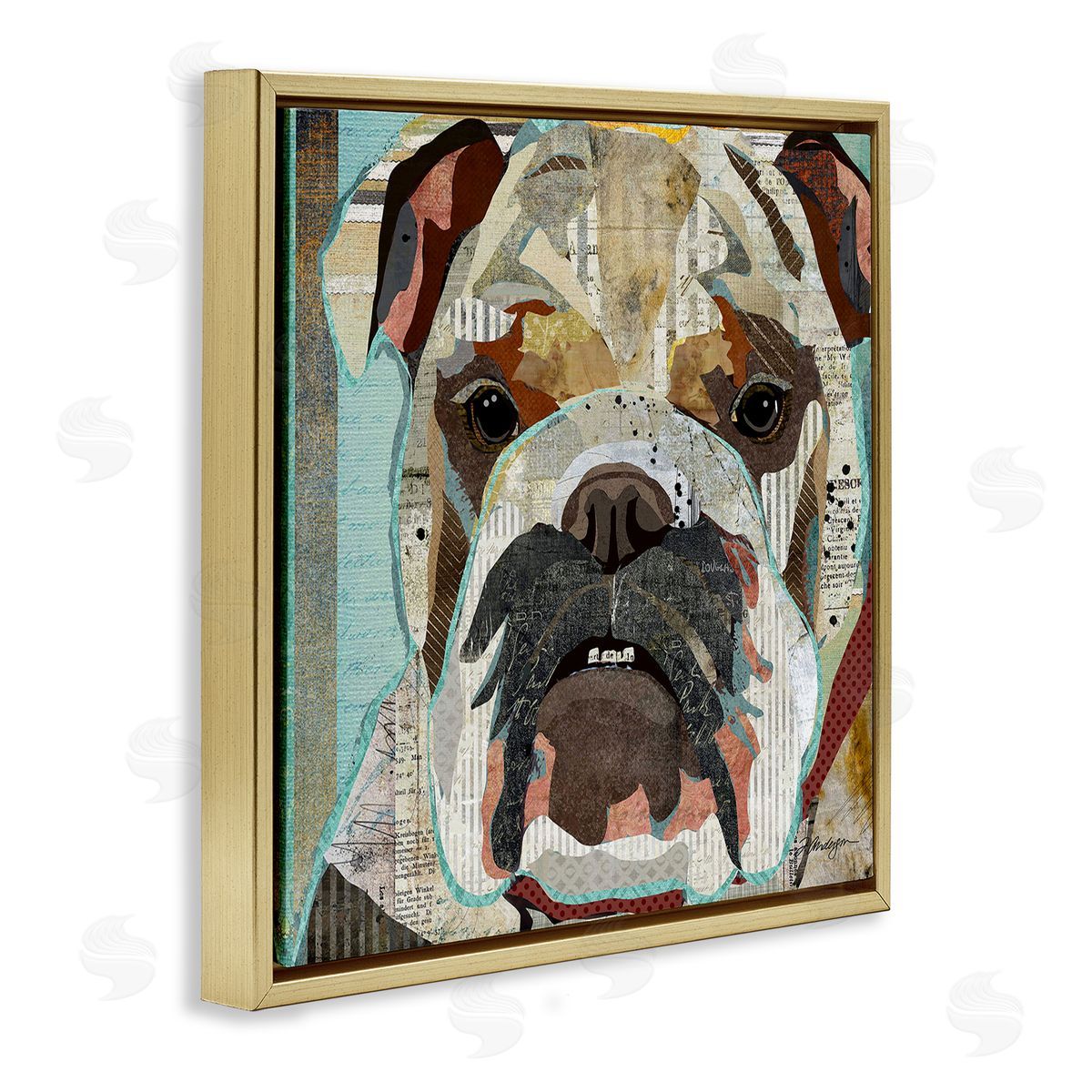 Traci Anderson Bulldog Pet Portrait Text Collage Gold Floating Frame Canvas Wall Art Print