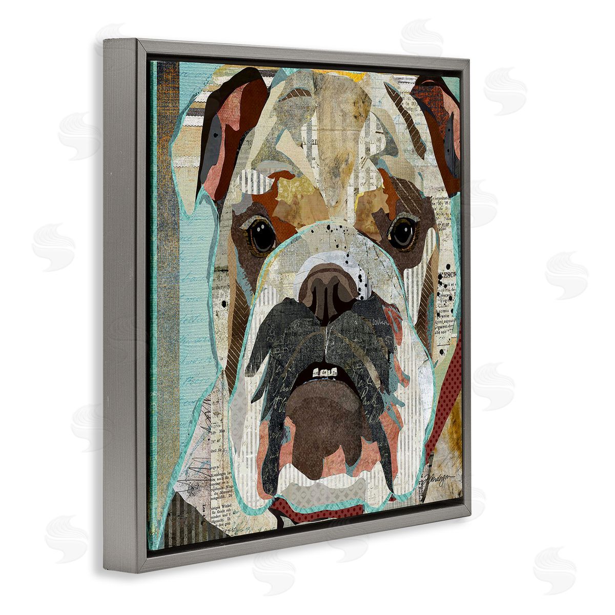 Traci Anderson Bulldog Pet Portrait Text Collage Gray Floating Frame Canvas Wall Art Print