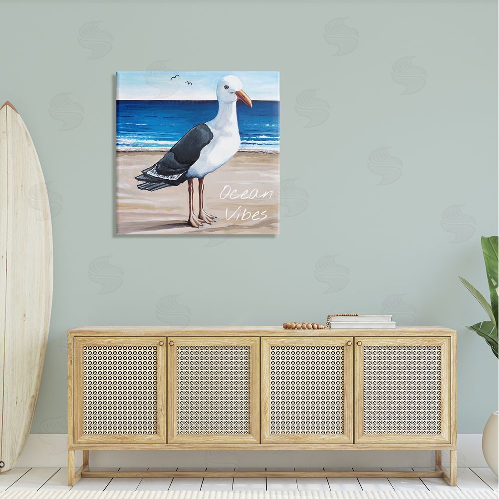 Elizabeth Tyndall Ocean Vibes Coastal Seagull Beach Canvas Wall Art in Room