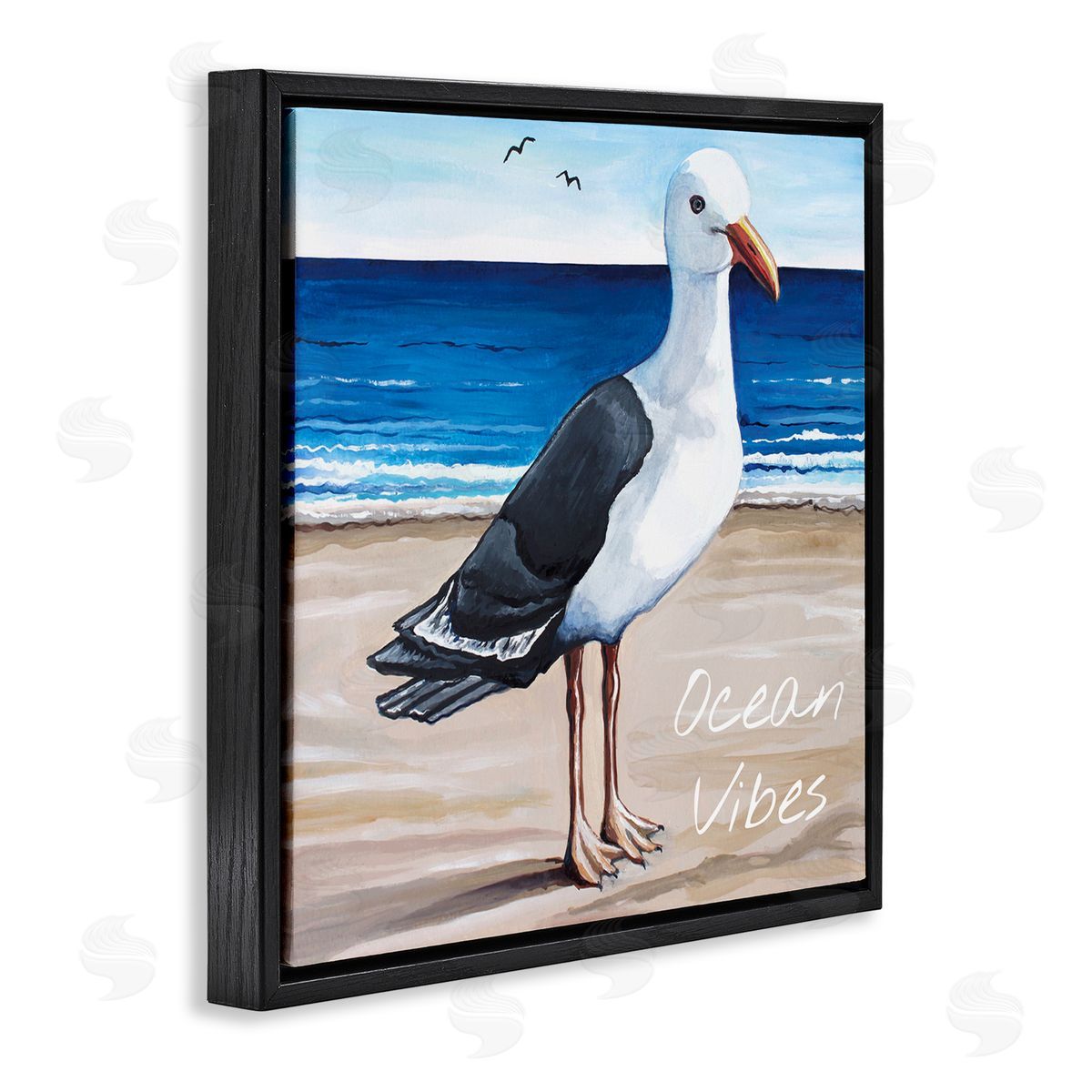 Elizabeth Tyndall Ocean Vibes Coastal Seagull Beach Black Floating Frame Canvas Wall Art Print