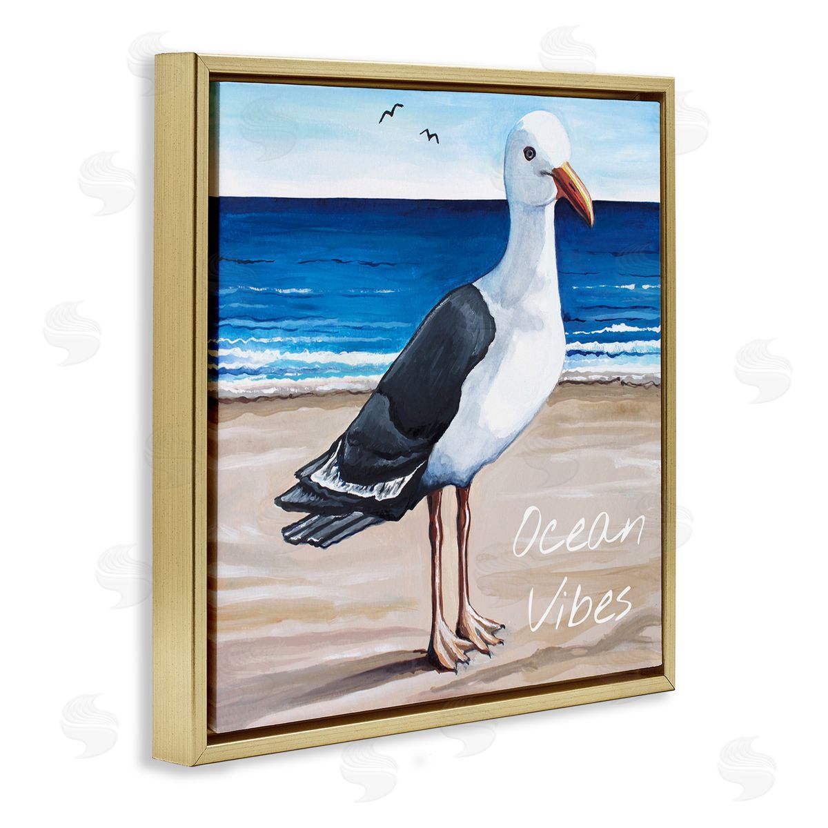Elizabeth Tyndall Ocean Vibes Coastal Seagull Beach Gold Floating Frame Canvas Wall Art Print