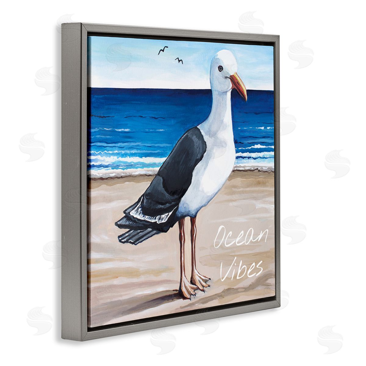 Elizabeth Tyndall Ocean Vibes Coastal Seagull Beach Gray Floating Frame Canvas Wall Art Print