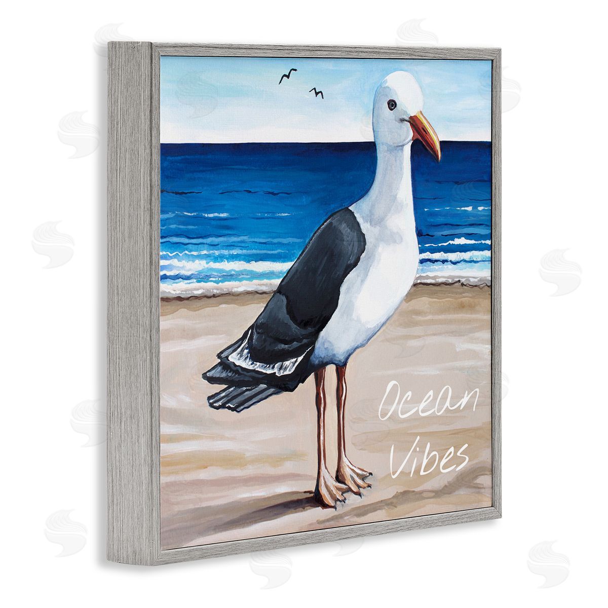 Elizabeth Tyndall Ocean Vibes Coastal Seagull Beach Gray Framed Glicee Wall Art Print