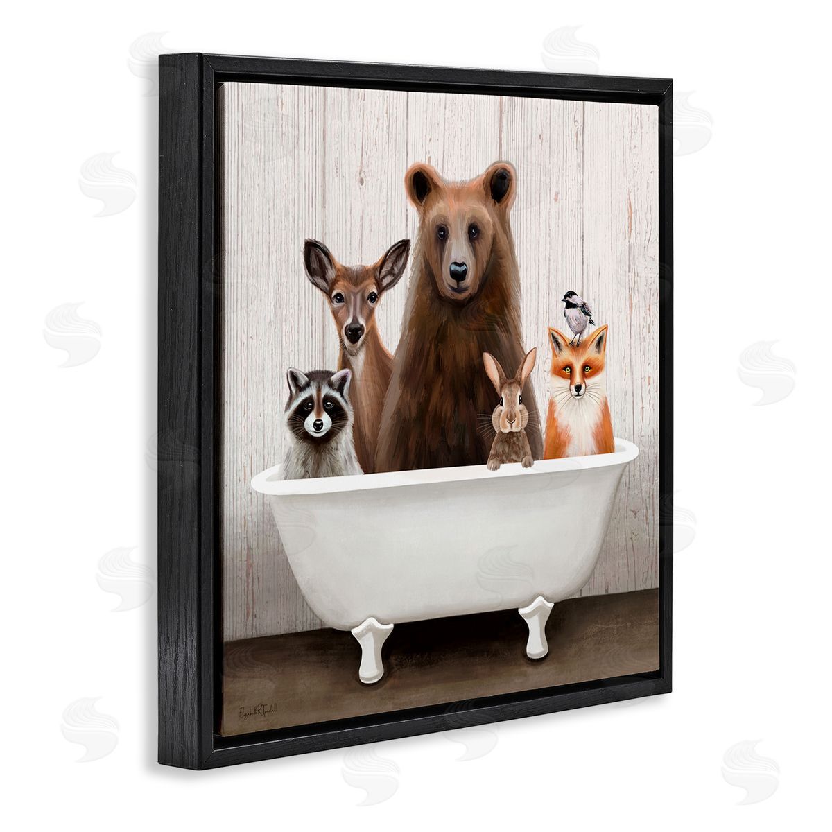 Woodland Creatures Antique Bathtub Black Floating Frame Canvas Wall Art, Home Decor by Elizabeth Tyndall