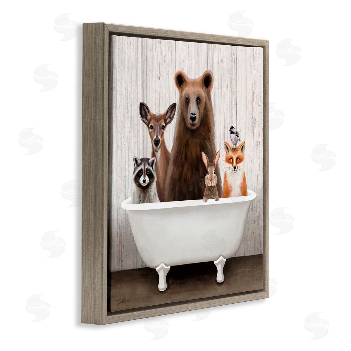 Woodland Creatures Antique Bathtub Brown Floating Frame Canvas Wall Art, Home Decor by Elizabeth Tyndall