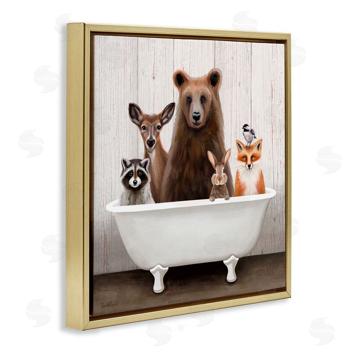 Woodland Creatures Antique Bathtub Gold Floating Frame Canvas Wall Art, Home Decor by Elizabeth Tyndall
