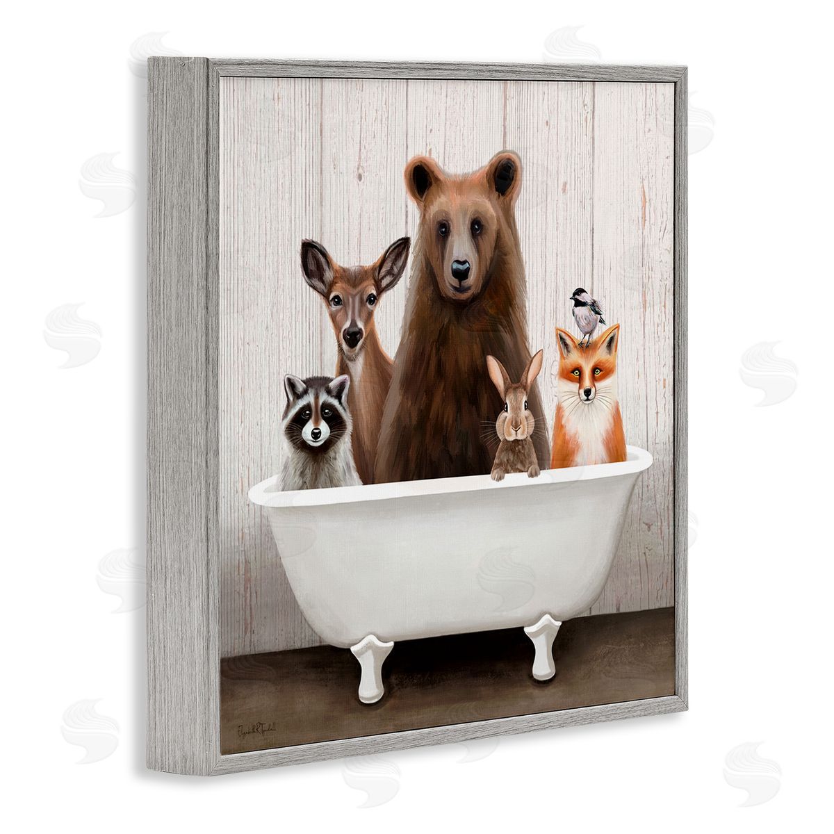 Woodland Creatures Antique Bathtub Grey Frame Print Wall Art, Home Decor by Elizabeth Tyndall