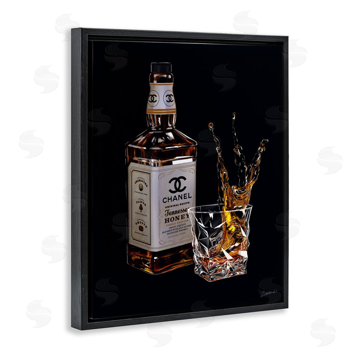 Splashing Liqueur Glam Whiskey Bottle Black Floating Frame Canvas Wall Art, Home Decor by Ziwei Li