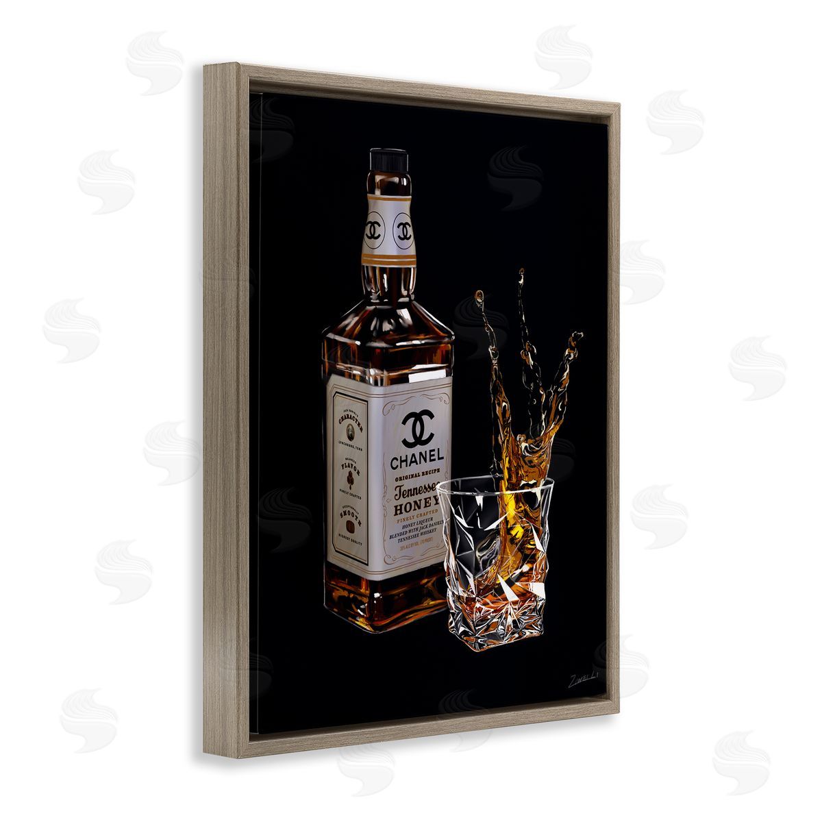 Splashing Liqueur Glam Whiskey Bottle Brown Floating Frame Canvas Wall Art, Home Decor by Ziwei Li