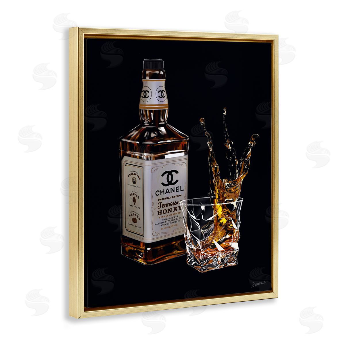 Splashing Liqueur Glam Whiskey Bottle Gold Floating Frame Canvas Wall Art, Home Decor by Ziwei Li