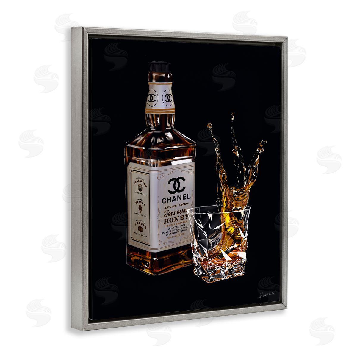 Splashing Liqueur Glam Whiskey Bottle Grey Floating Frame Canvas Wall Art, Home Decor by Ziwei Li