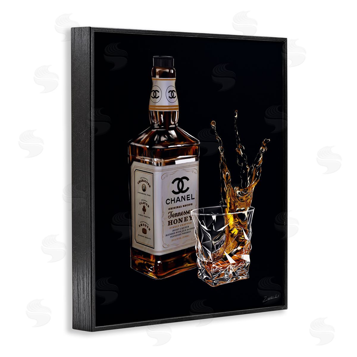 Splashing Liqueur Glam Whiskey Bottle Black Frame Print Wall Art, Home Decor by Ziwei Li