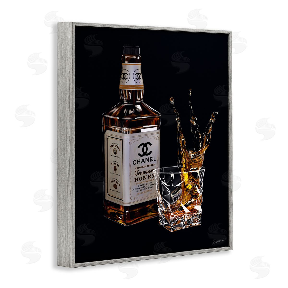 Splashing Liqueur Glam Whiskey Bottle Grey Frame Print Wall Art, Home Decor by Ziwei Li