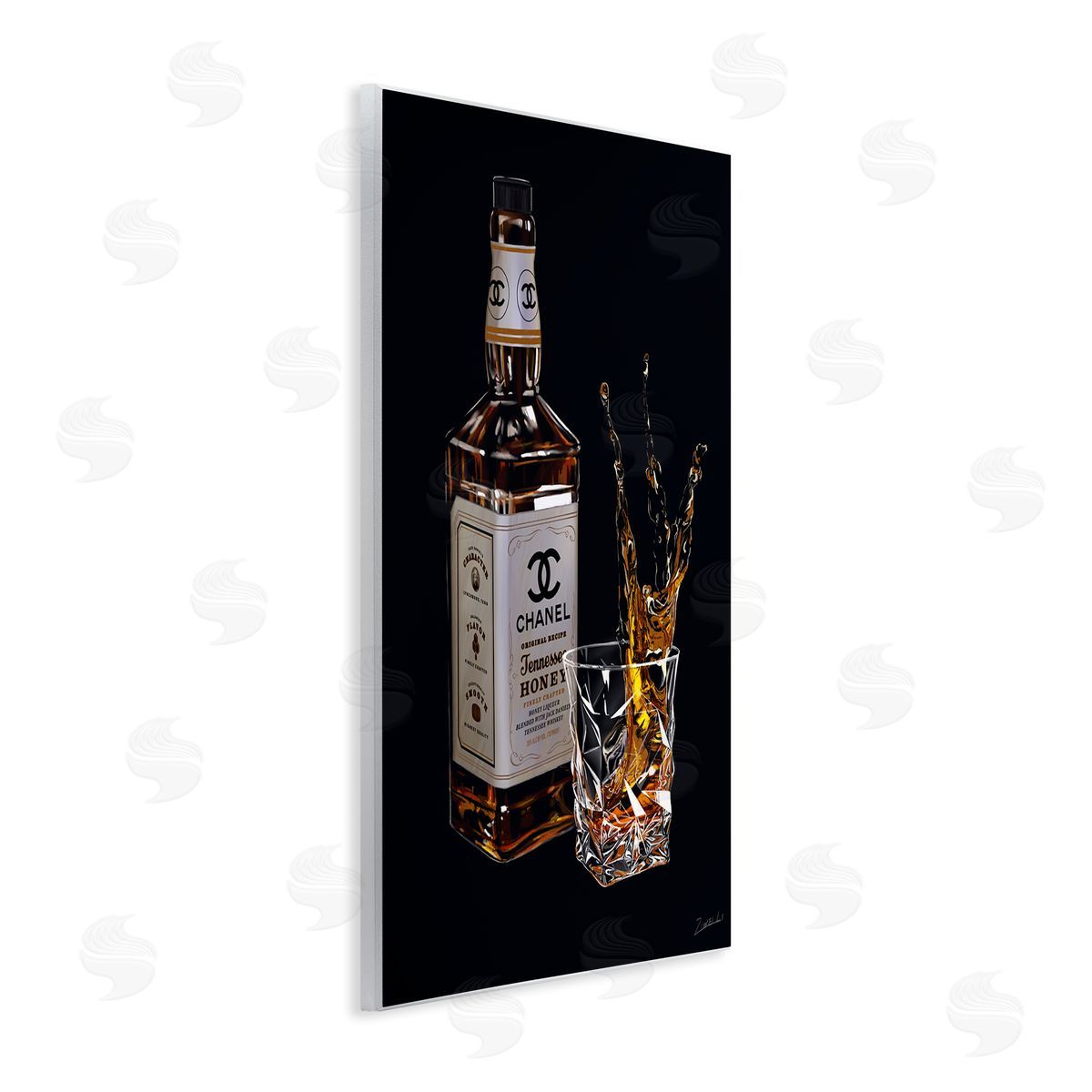 Splashing Liqueur Glam Whiskey Bottle Wood Plaque Wall Art, Home Decor by Ziwei Li