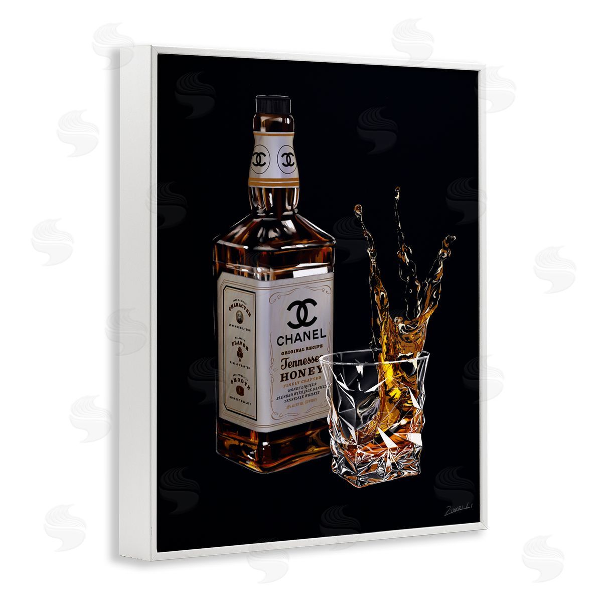 Splashing Liqueur Glam Whiskey Bottle White Frame Print Wall Art, Home Decor by Ziwei Li