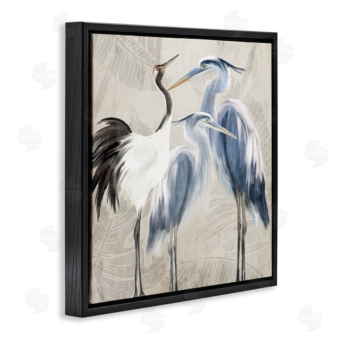 Kim Allen Leaf Patterned Crane Heron Birds Black Floating Frame Canvas Wall Art Print