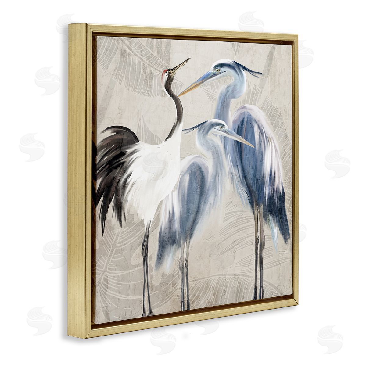 Kim Allen Leaf Patterned Crane Heron Birds Gold Floating Frame Canvas Wall Art Print