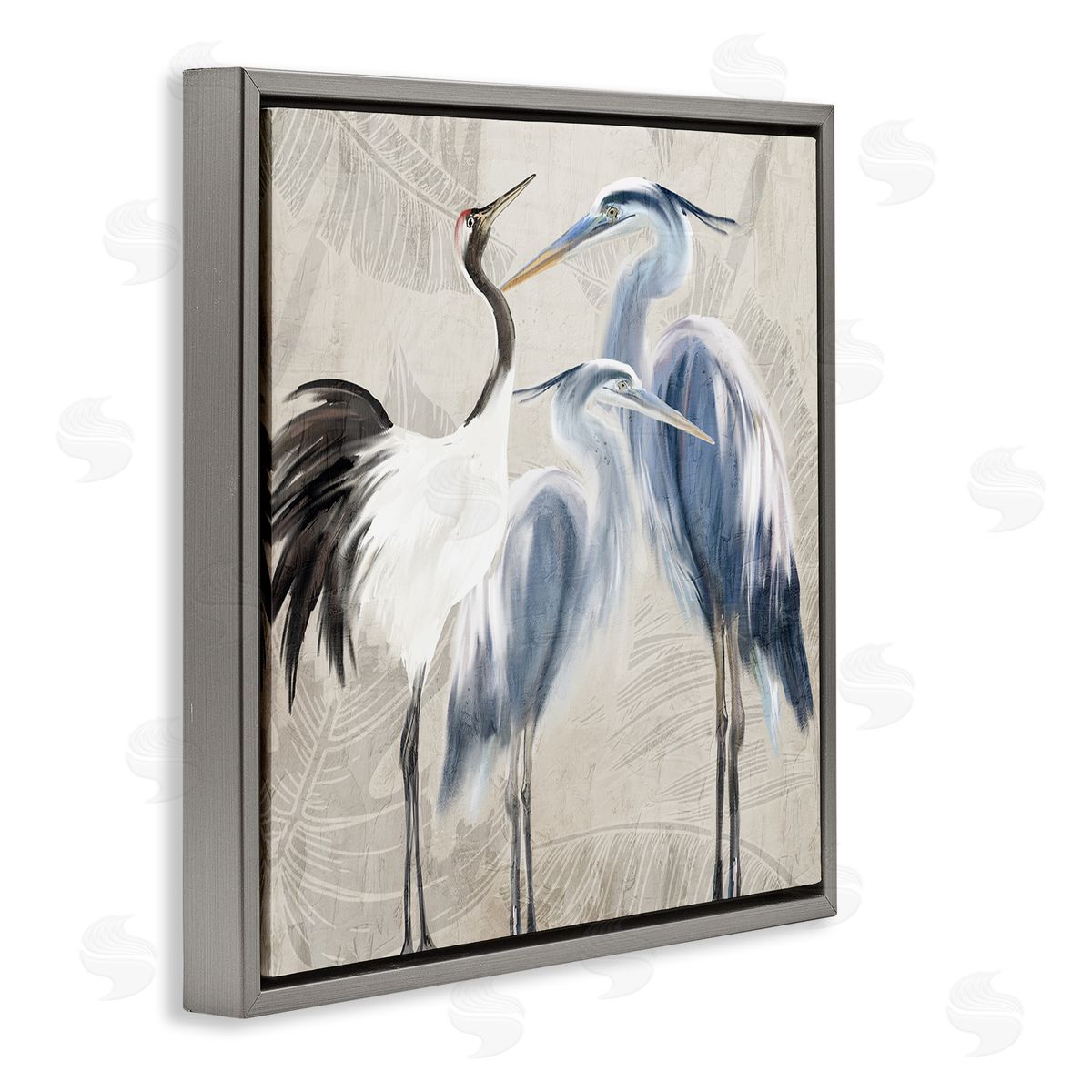 Kim Allen Leaf Patterned Crane Heron Birds Gray Floating Frame Canvas Wall Art Print