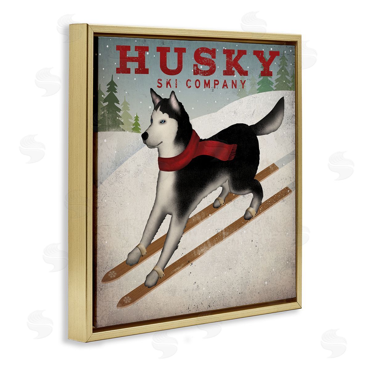 Ryan Fowler Husky Ski Company Winter Slopes Dog Gold Floating Frame Canvas Wall Art Print