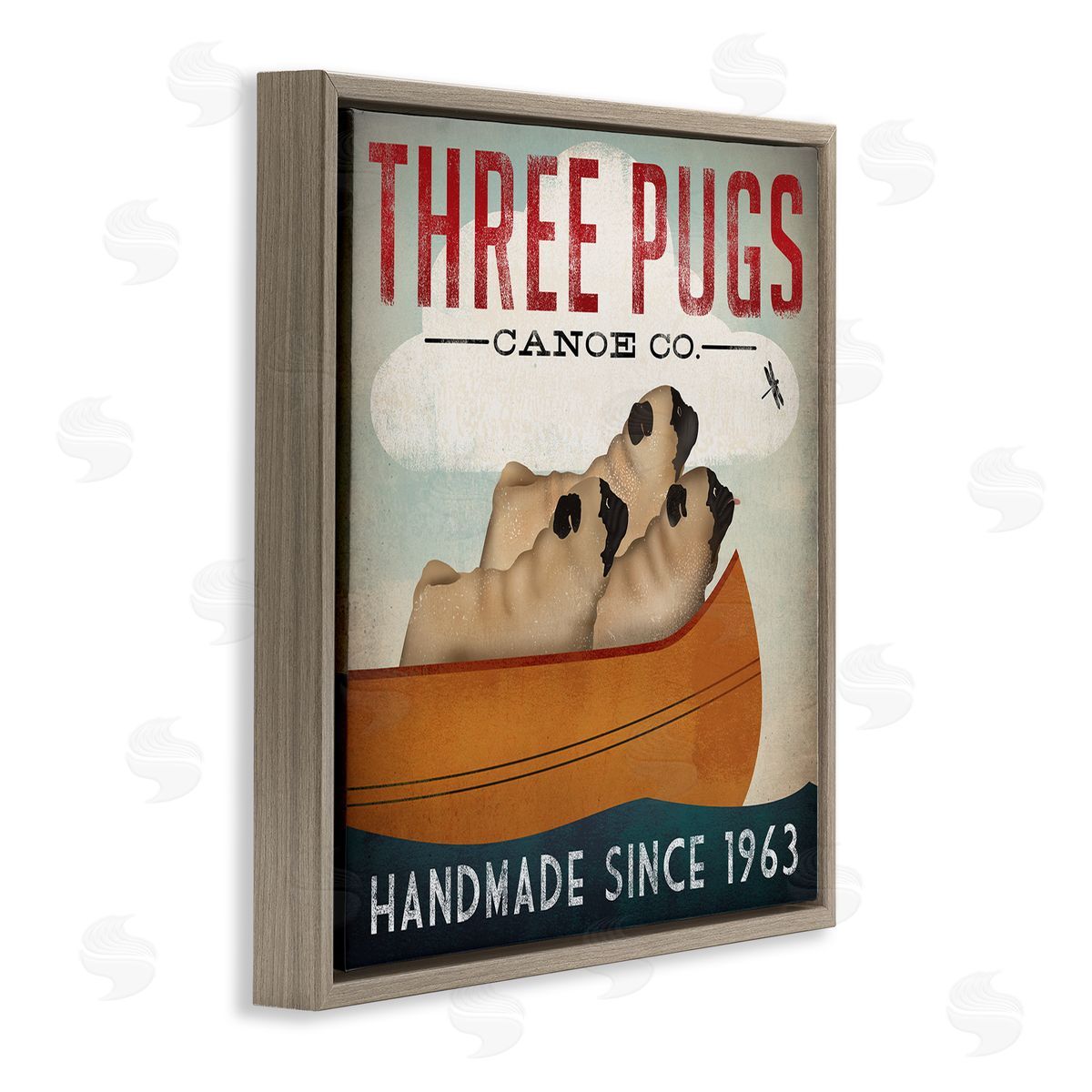 Vintage Three Pugs in Canoe Brown Floating Frame Canvas Wall Art, Home Decor by Ryan Fowler