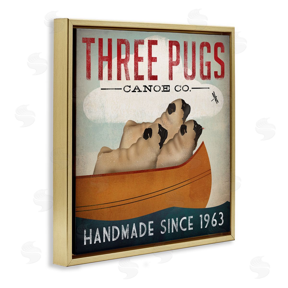 Vintage Three Pugs in Canoe Gold Floating Frame Canvas Wall Art, Home Decor by Ryan Fowler