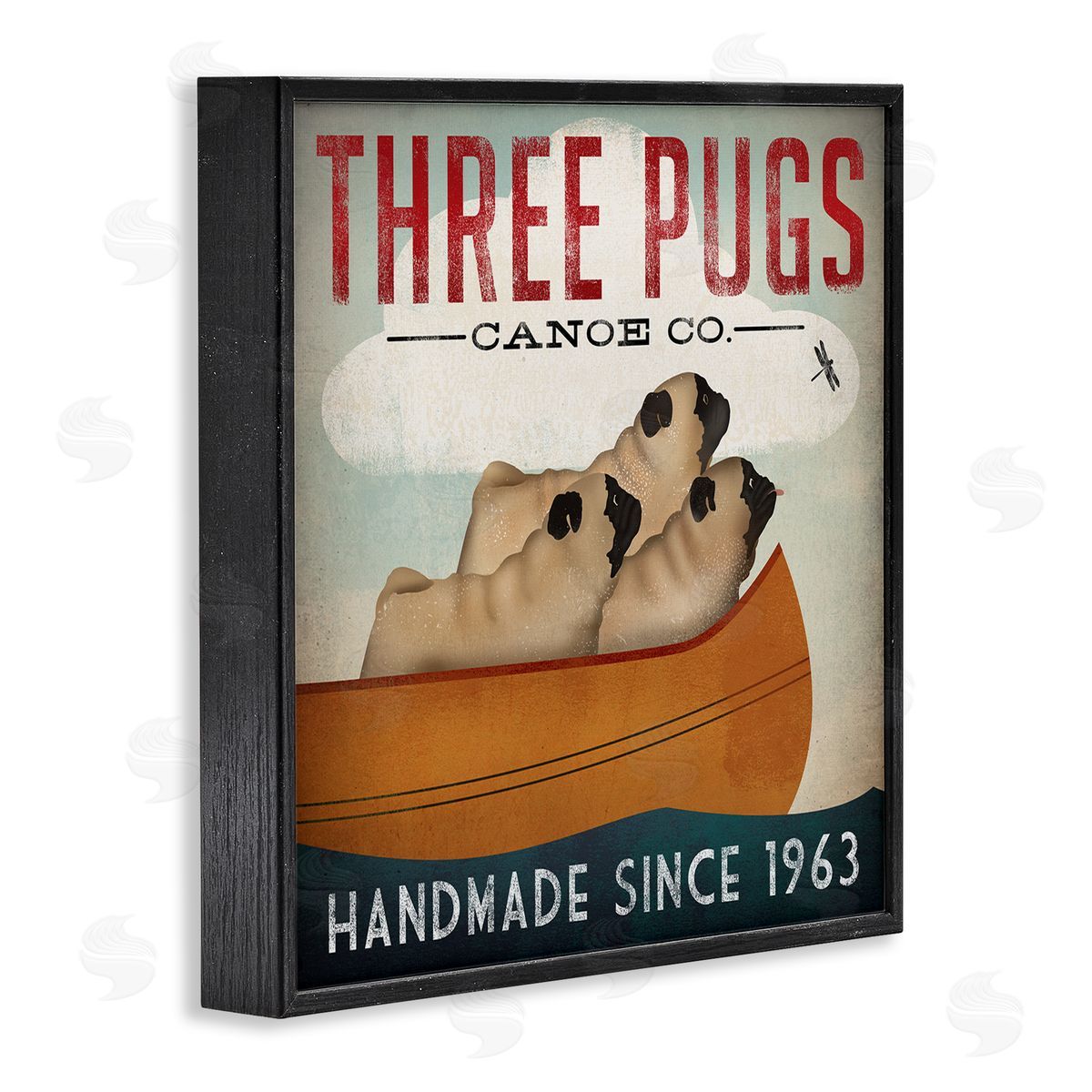 Vintage Three Pugs in Canoe Black Frame Print Wall Art, Home Decor by Ryan Fowler
