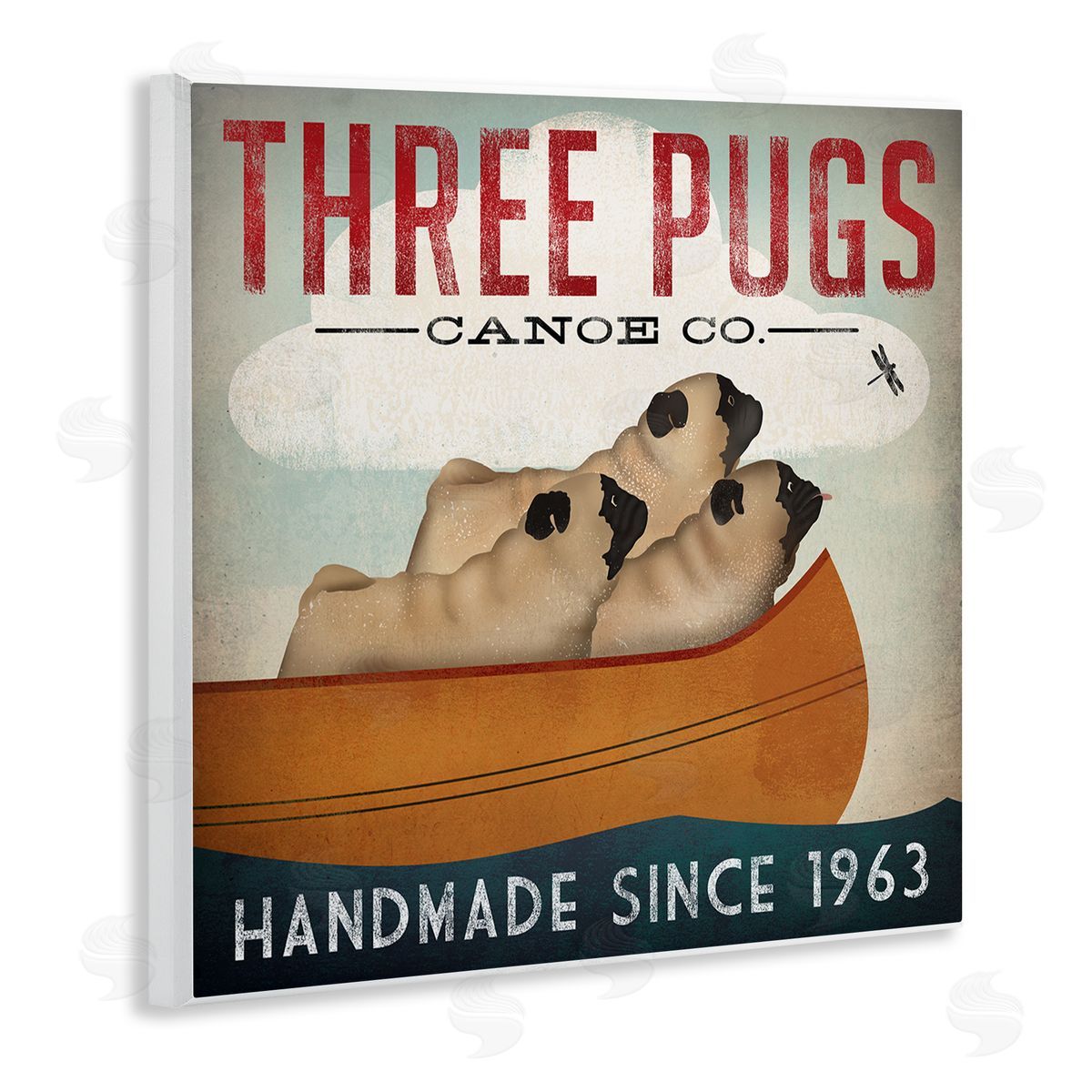Vintage Three Pugs in Canoe Wood Plaque Wall Art, Home Decor by Ryan Fowler