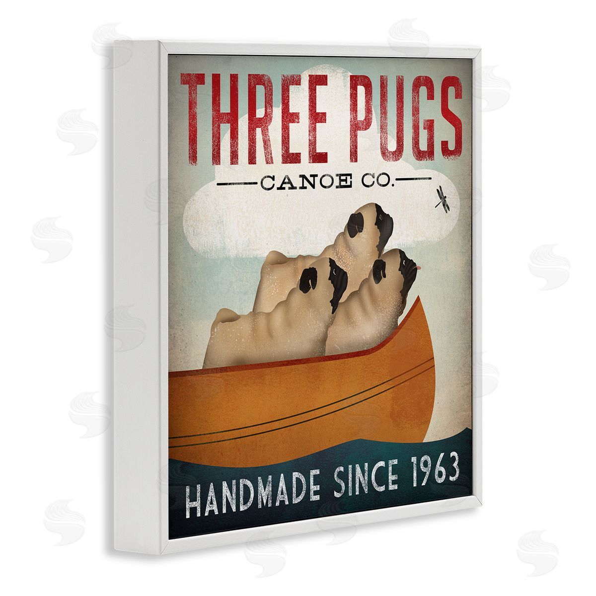 Vintage Three Pugs in Canoe White Frame Print Wall Art, Home Decor by Ryan Fowler