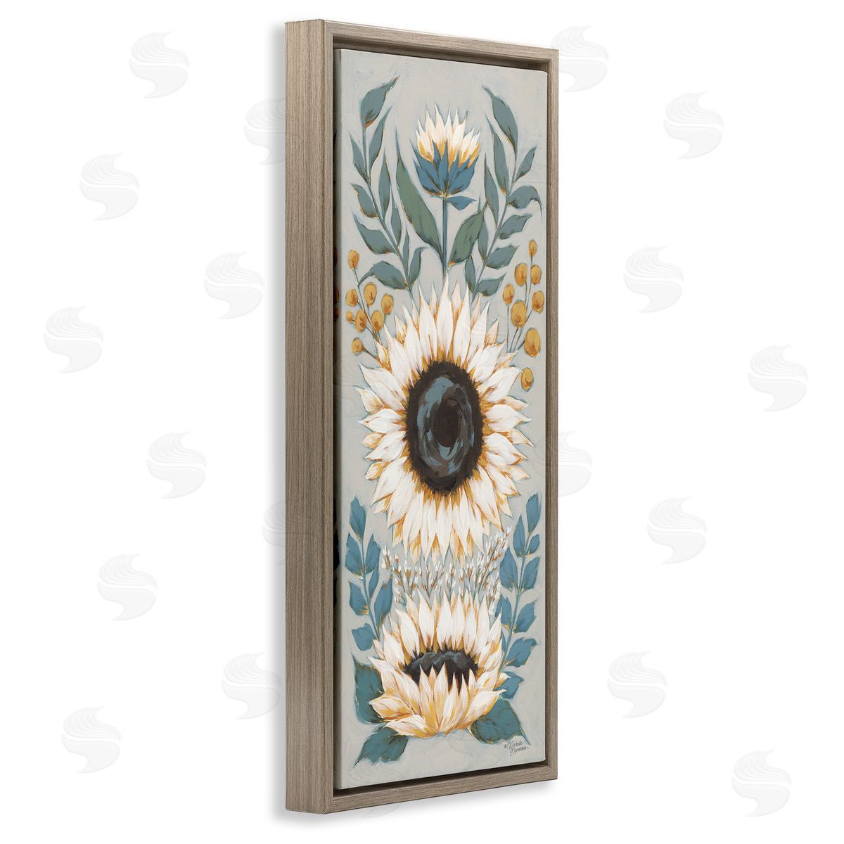 Country Sunflower Blossoms Botanicals Brown Floating Frame Canvas Wall Art, Home Decor by Michele Norman