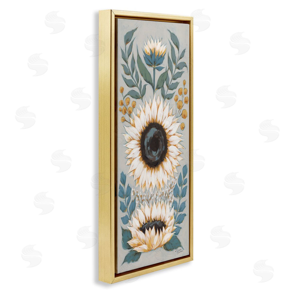 Country Sunflower Blossoms Botanicals Gold Floating Frame Canvas Wall Art, Home Decor by Michele Norman