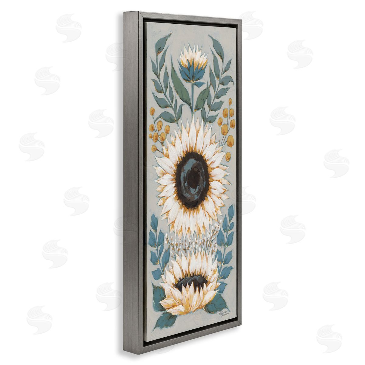 Country Sunflower Blossoms Botanicals Grey Floating Frame Canvas Wall Art, Home Decor by Michele Norman