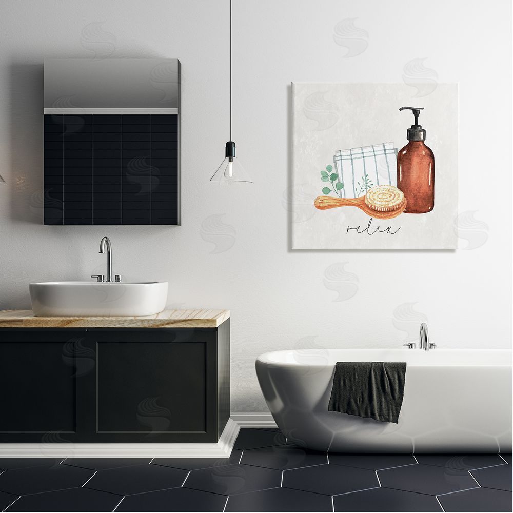 Nicole DeCamp Spa Bath Relax Calligraphy Canvas Wall Art in Room