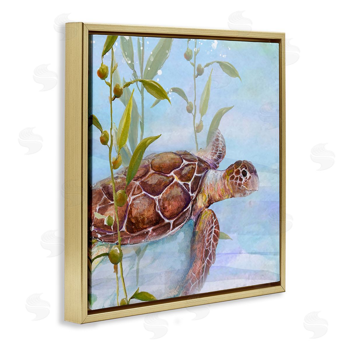 Diannart Turtle Swimming Between Reef Gold Floating Frame Canvas Wall Art Print