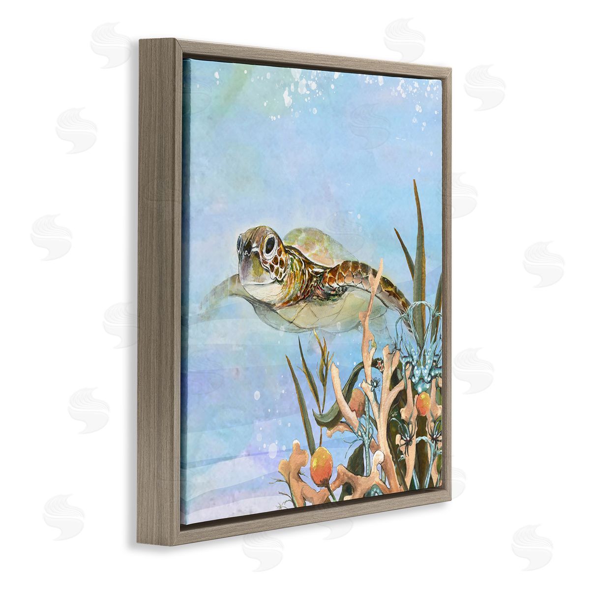 Diannart Underwater Sea Turtle Swimming Brown Floating Frame Canvas Wall Art Print