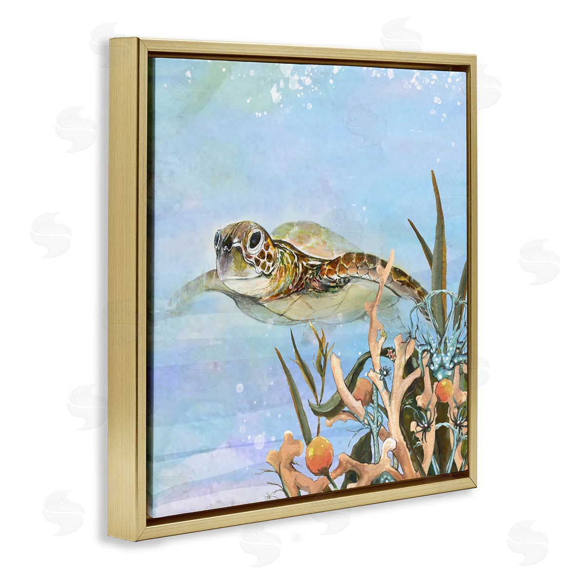 Diannart Underwater Sea Turtle Swimming Gold Floating Frame Canvas Wall Art Print