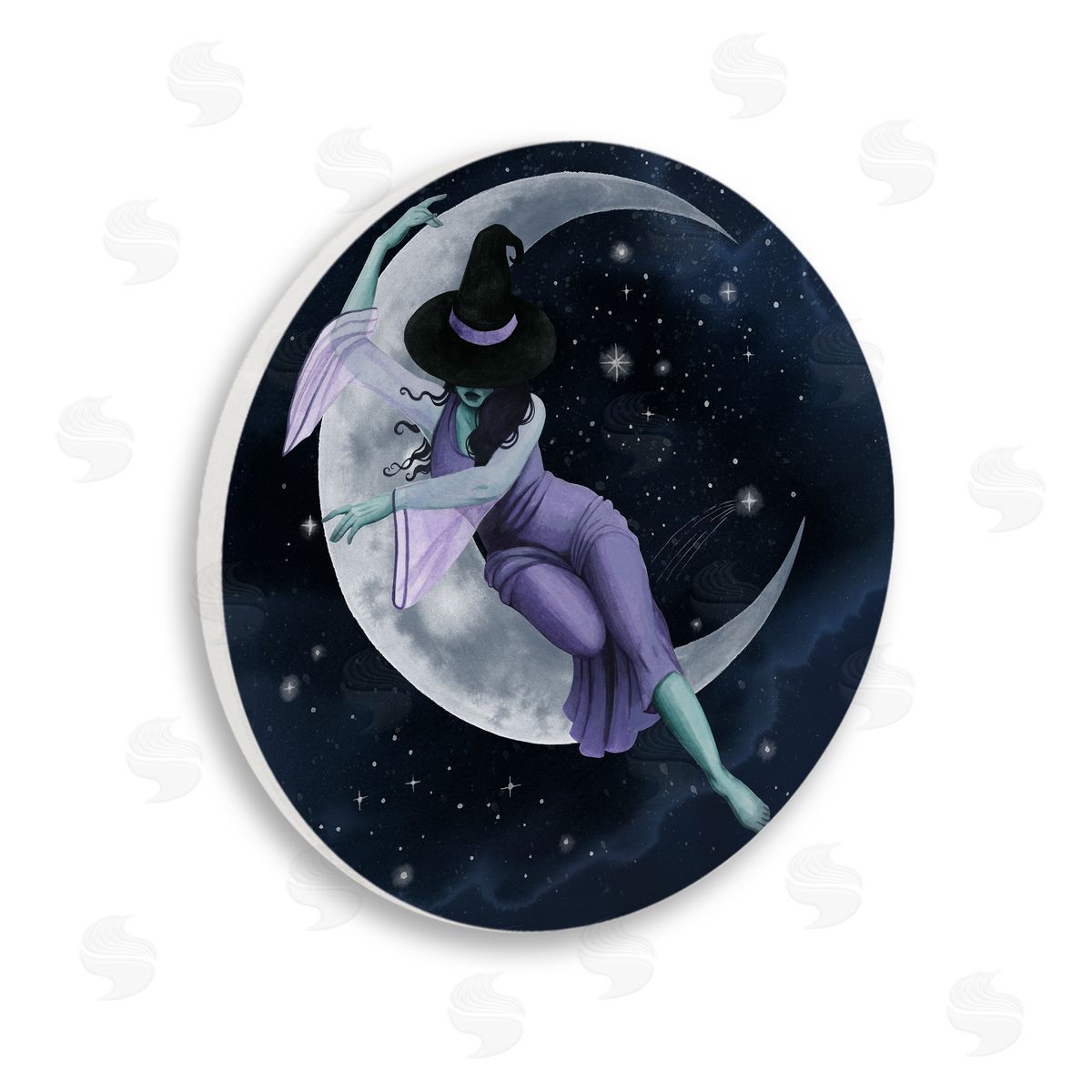 Grace Popp Witch Resting Crescent Moon Wooden Wall Plaque Art Print