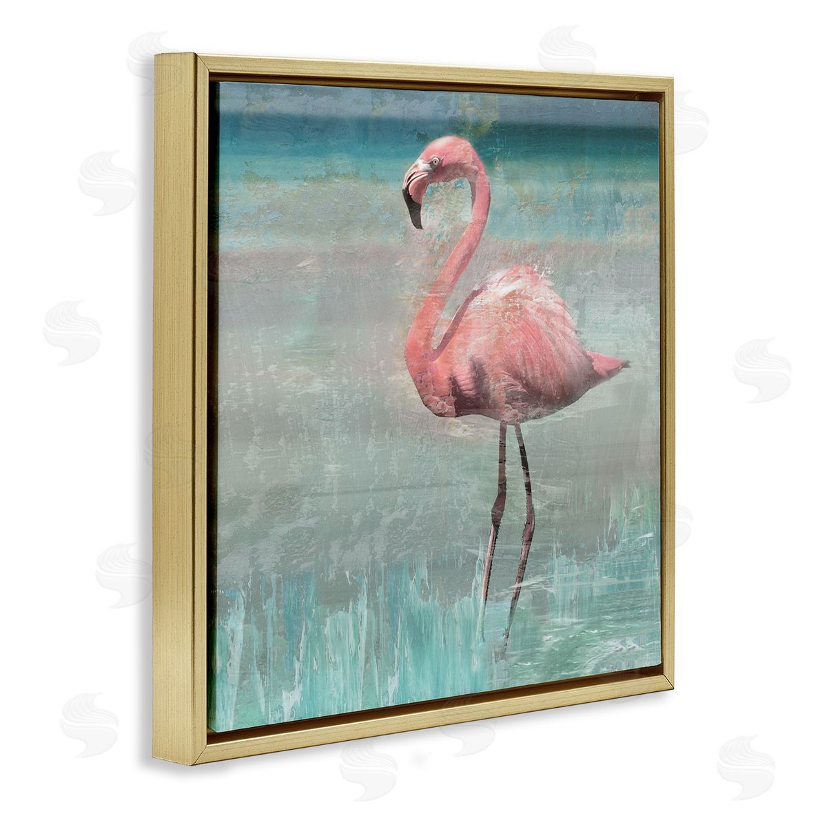 Nan Tropical Flamingo Standing Collage Gold Floating Frame Canvas Wall Art Print