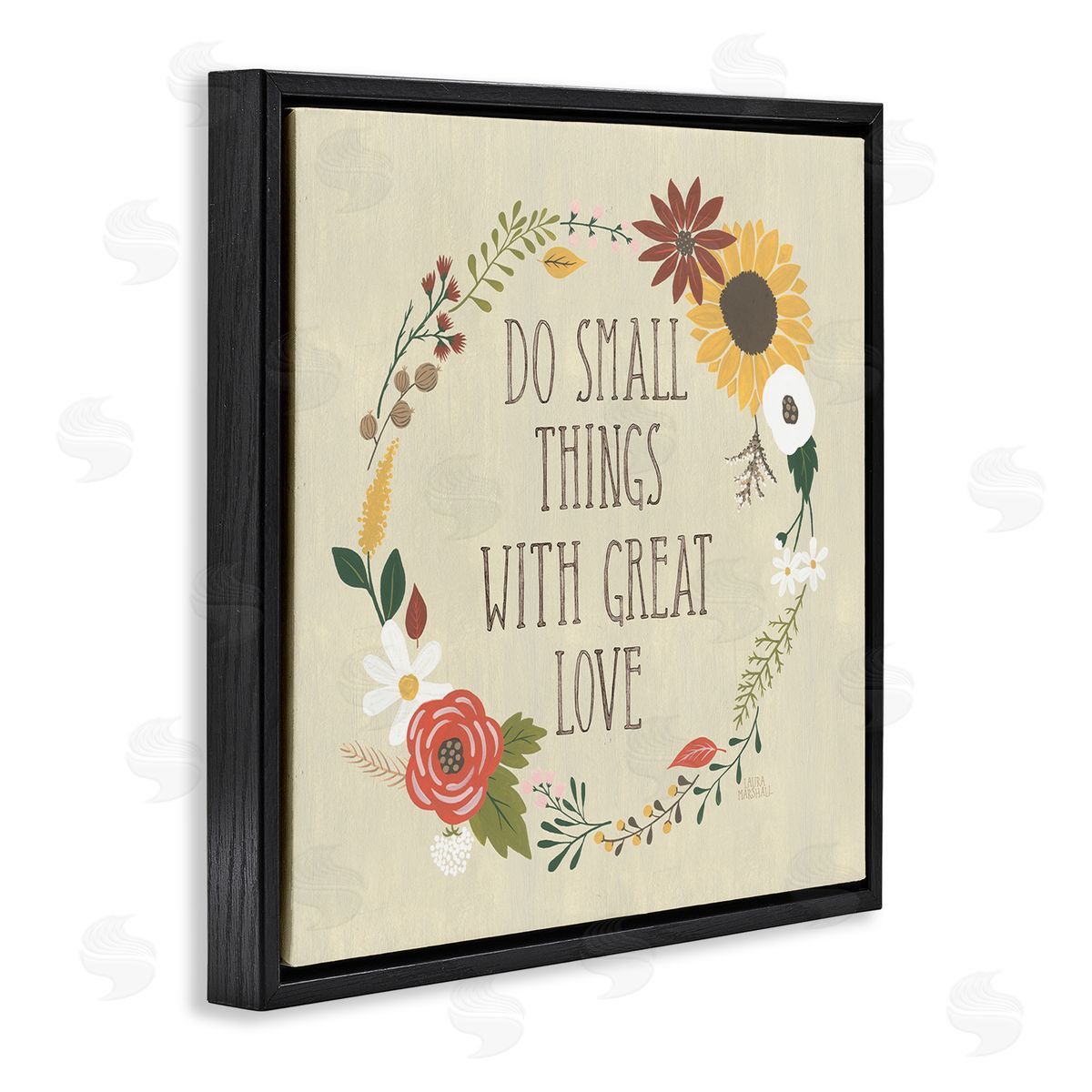 Laura Marshall With Great Love Floral Phrase Black Floating Frame Canvas Wall Art Print