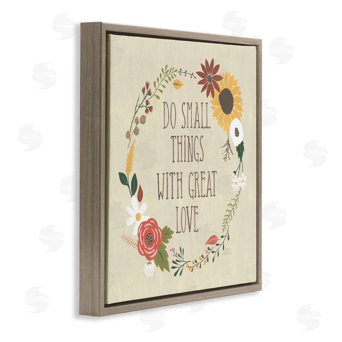 Laura Marshall With Great Love Floral Phrase Brown Floating Frame Canvas Wall Art Print