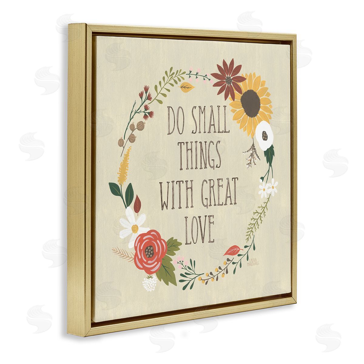 Laura Marshall With Great Love Floral Phrase Gold Floating Frame Canvas Wall Art Print