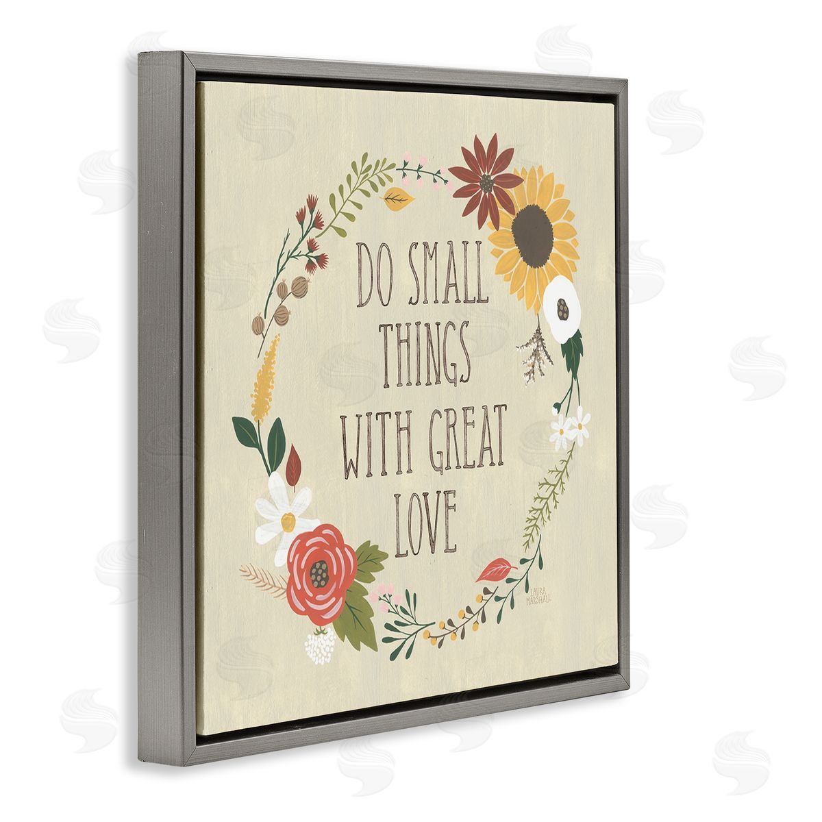 Laura Marshall With Great Love Floral Phrase Gray Floating Frame Canvas Wall Art Print