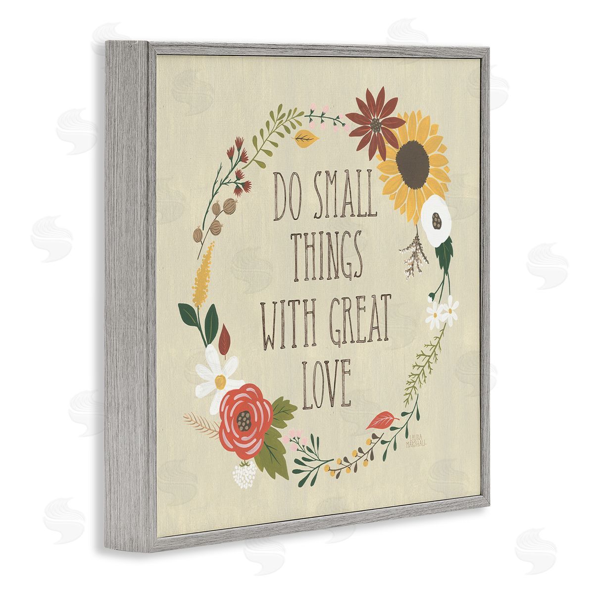 Laura Marshall With Great Love Floral Phrase Gray Framed Glicee Wall Art Print