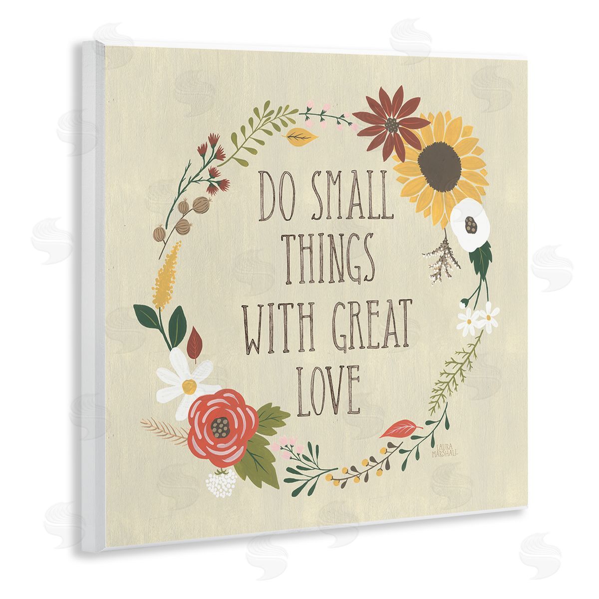 Laura Marshall With Great Love Floral Phrase Wooden Wall Plaque Art Print