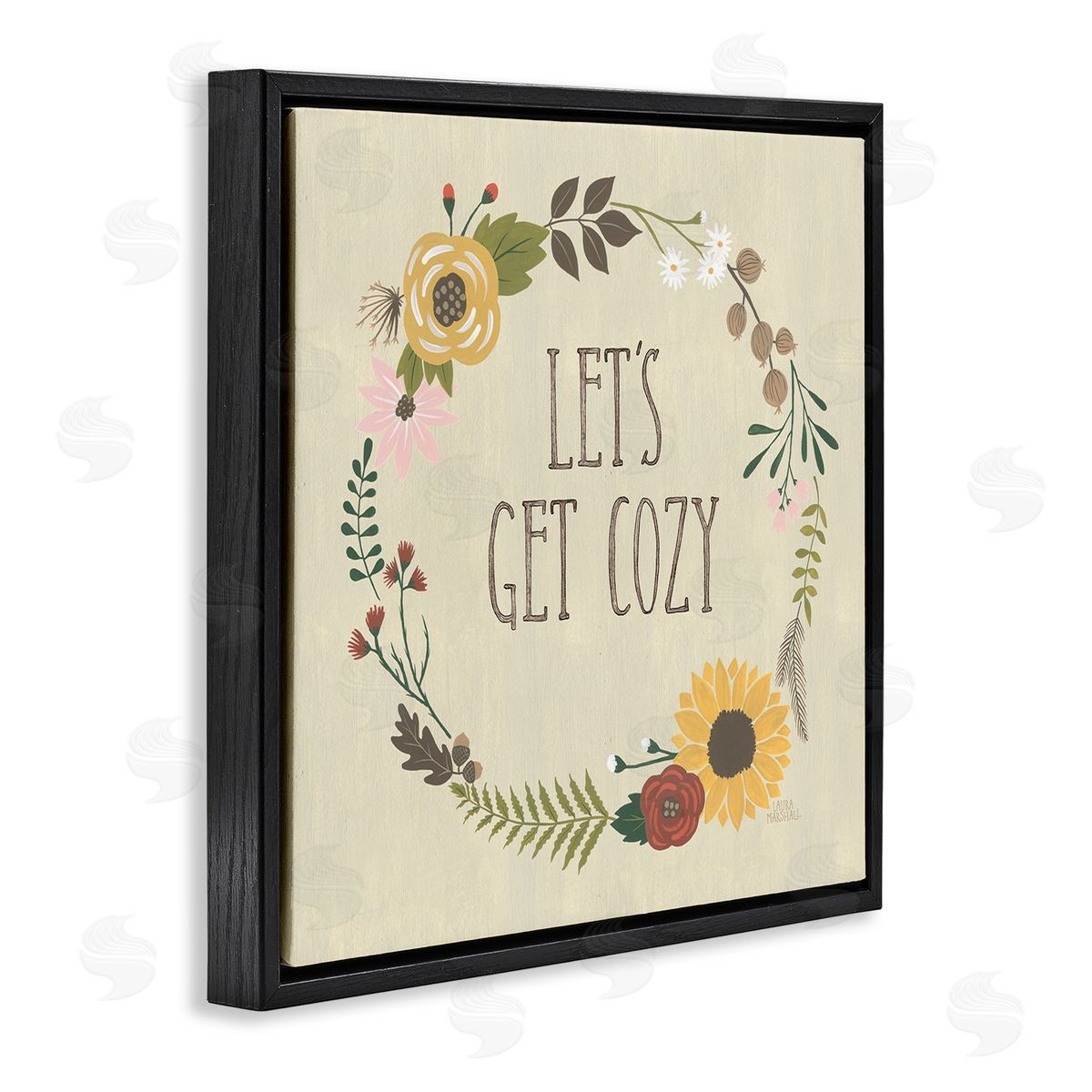 Laura Marshall Let's Get Cozy Floral Wreath Black Floating Frame Canvas Wall Art Print